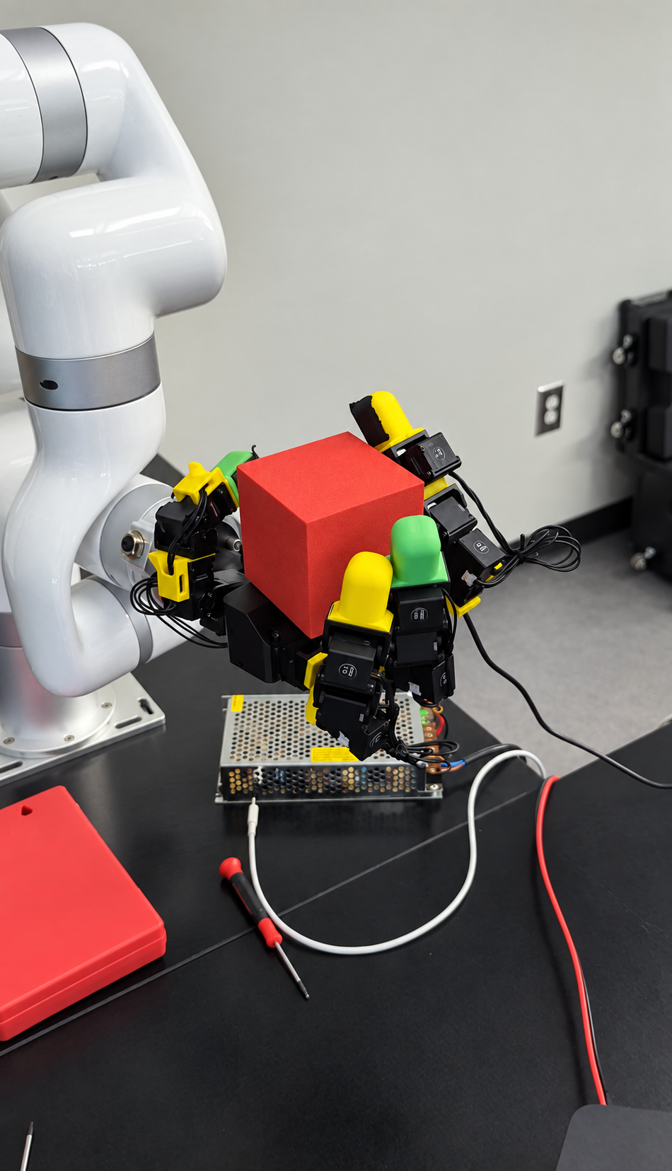 LEAP Hand holding a red cube on the physical hardware