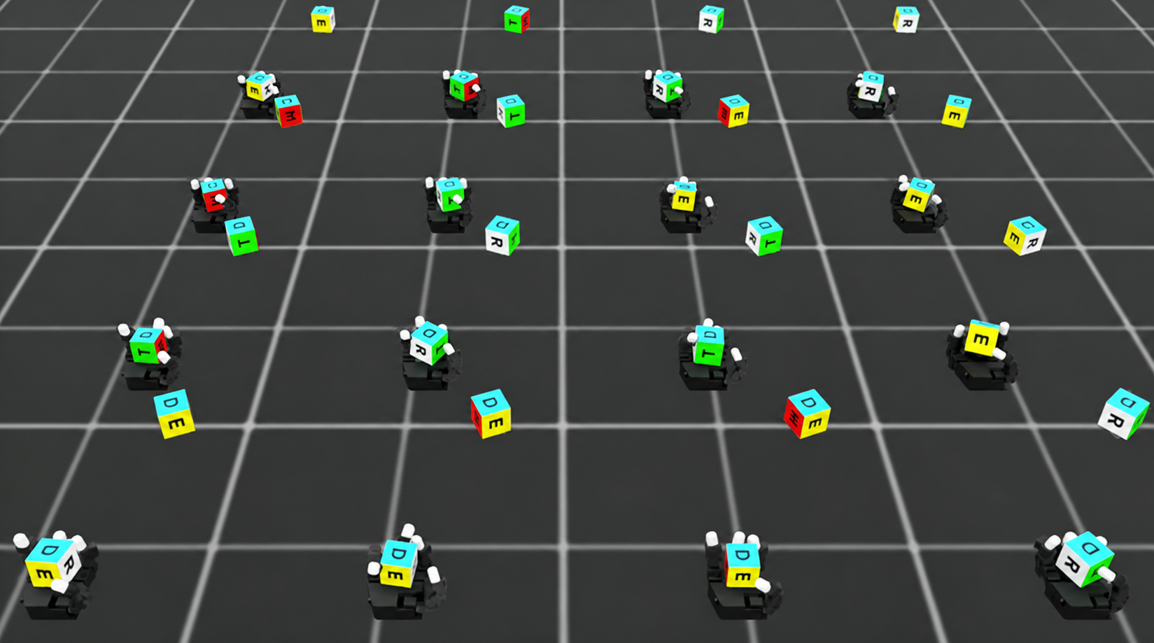 Parallel simulated LEAP Hands manipulating cubes toward target orientations
